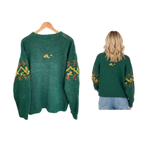Vintage 90s Cabin Fever Sweater Women Large Hand Knitted Green Flowers Grandma - Picture 2 of 16